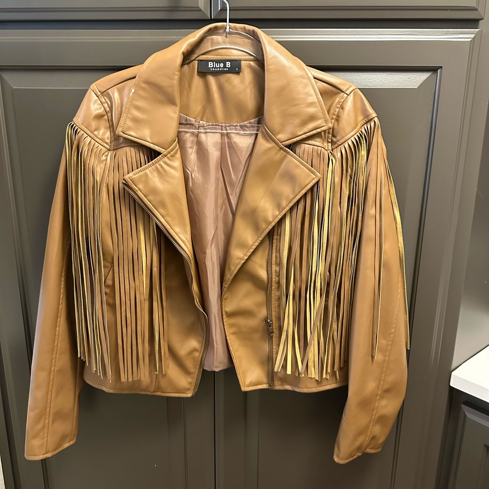 Blue B Women's Tan Faux Leather Fringe Jacket-Sizw L